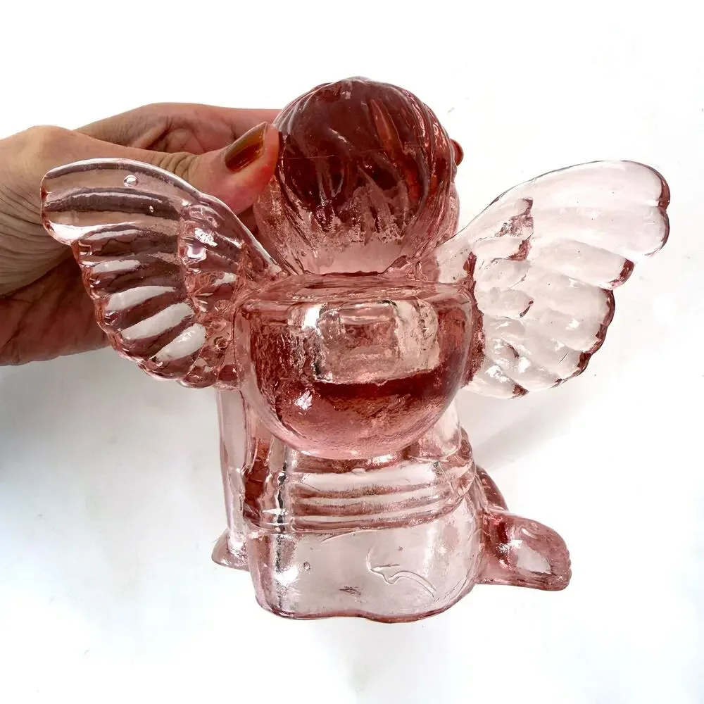 Vintage 1960s Pink Pressed Glass Cherub Angel Candle Holders Set of 2